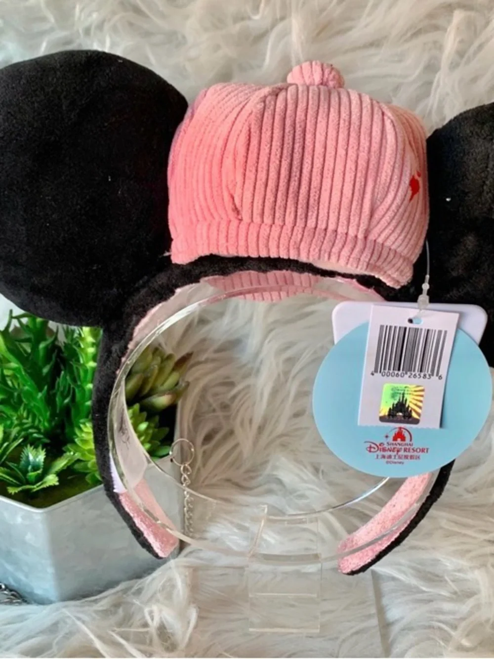 Disney Minnie Mouse Ears Headband Pink Hat Blue Bow Fluffy Plush